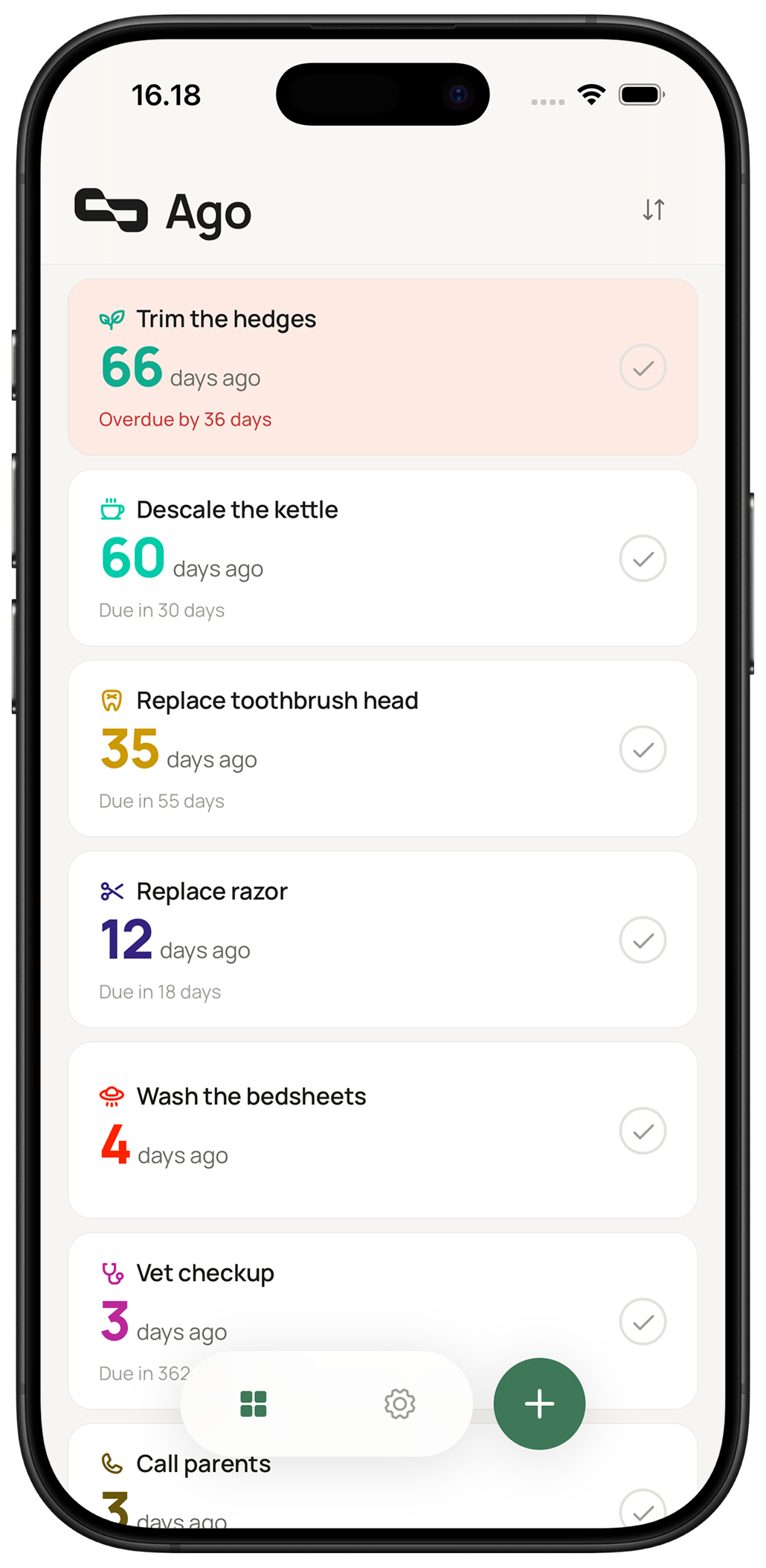 Ago home screen showing tracked items with elapsed time in days