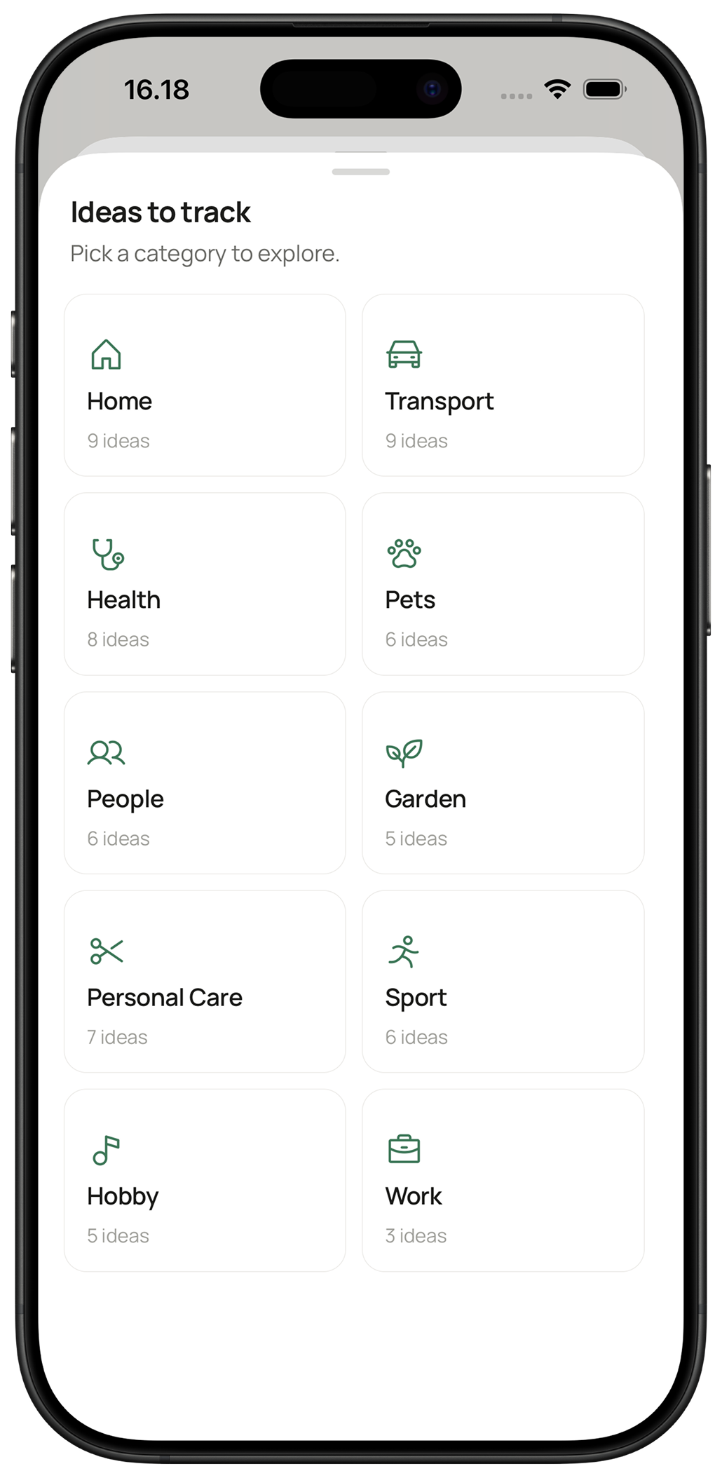 Ago Browse Ideas screen showing template categories - Home, Car, Health, Pets, People