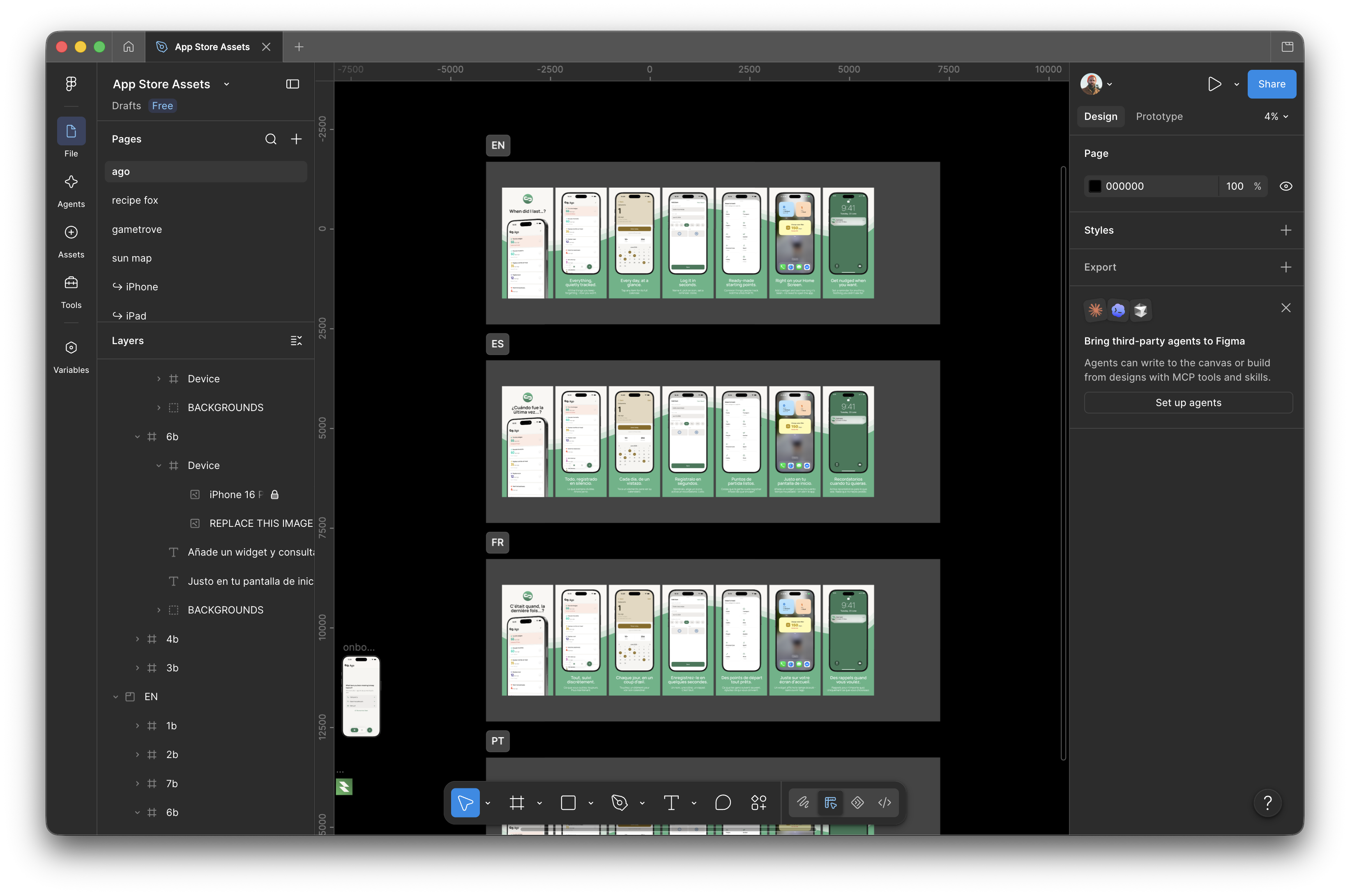 Figma canvas of the Ago App Store screenshots, localized into English, Spanish, French, and Portuguese