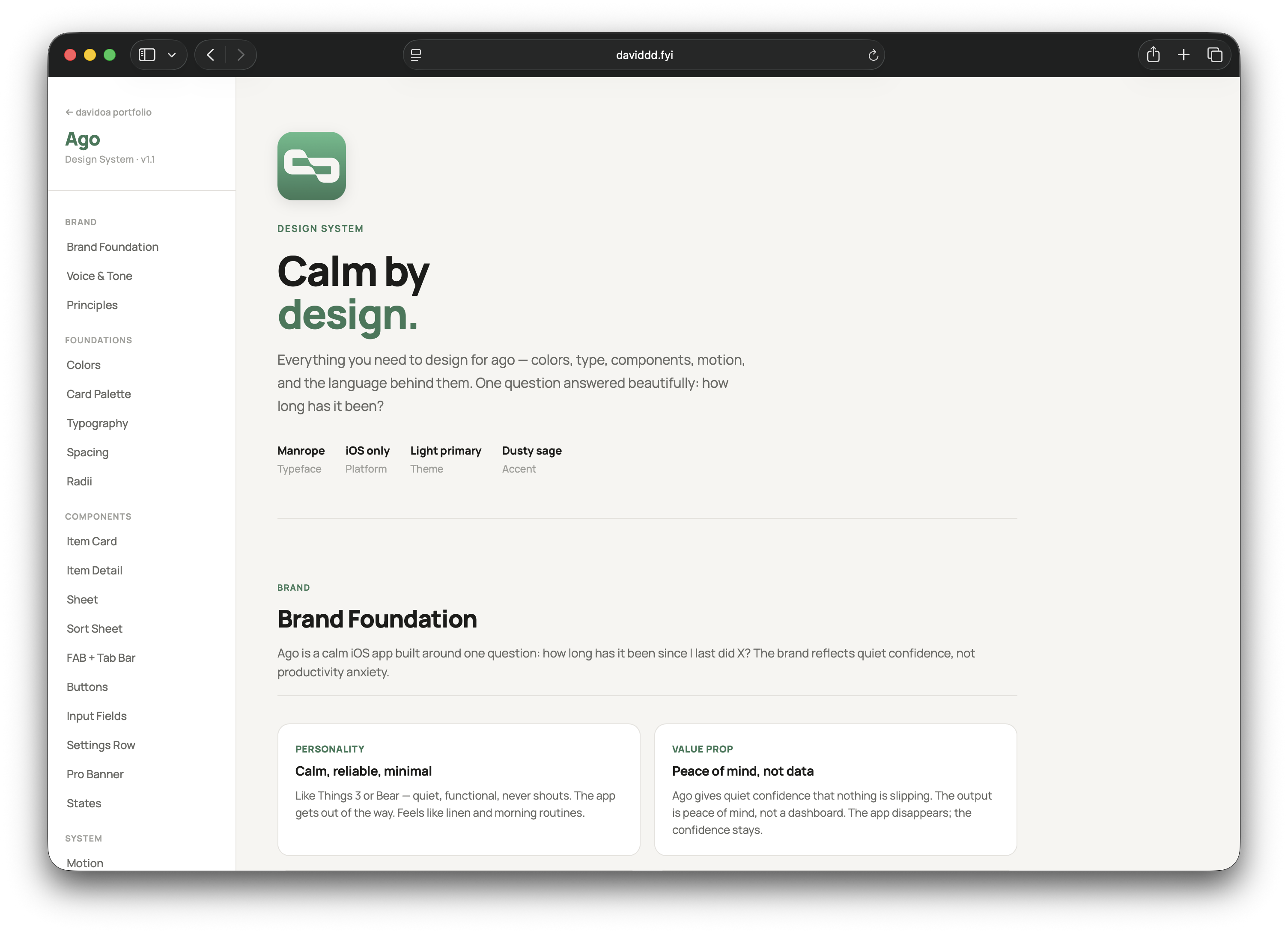 The hosted Ago Design System - Calm by design - showing brand, foundations, and components in a sidebar