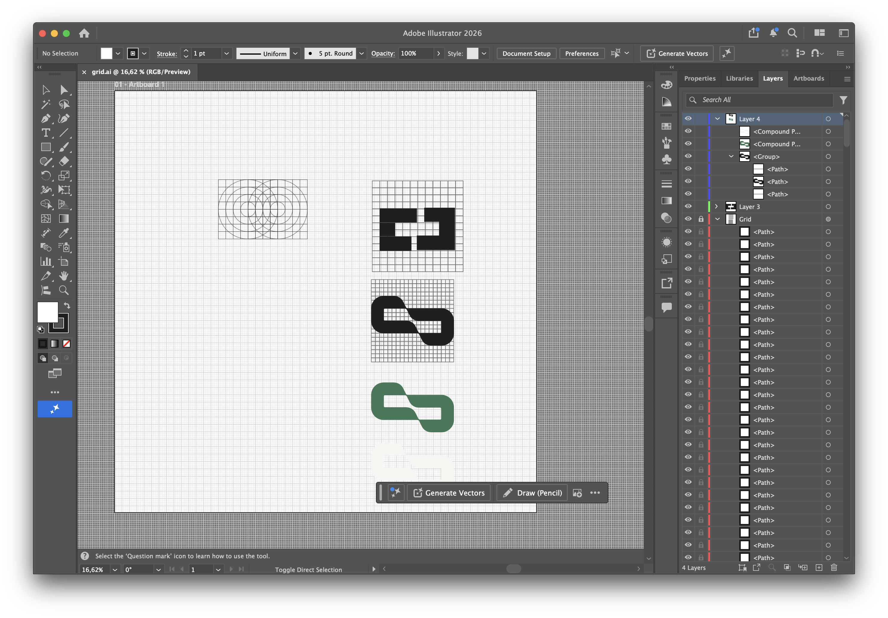 Adobe Illustrator: the Ago mark constructed on a grid, from a blocky grid form to the refined green looping link