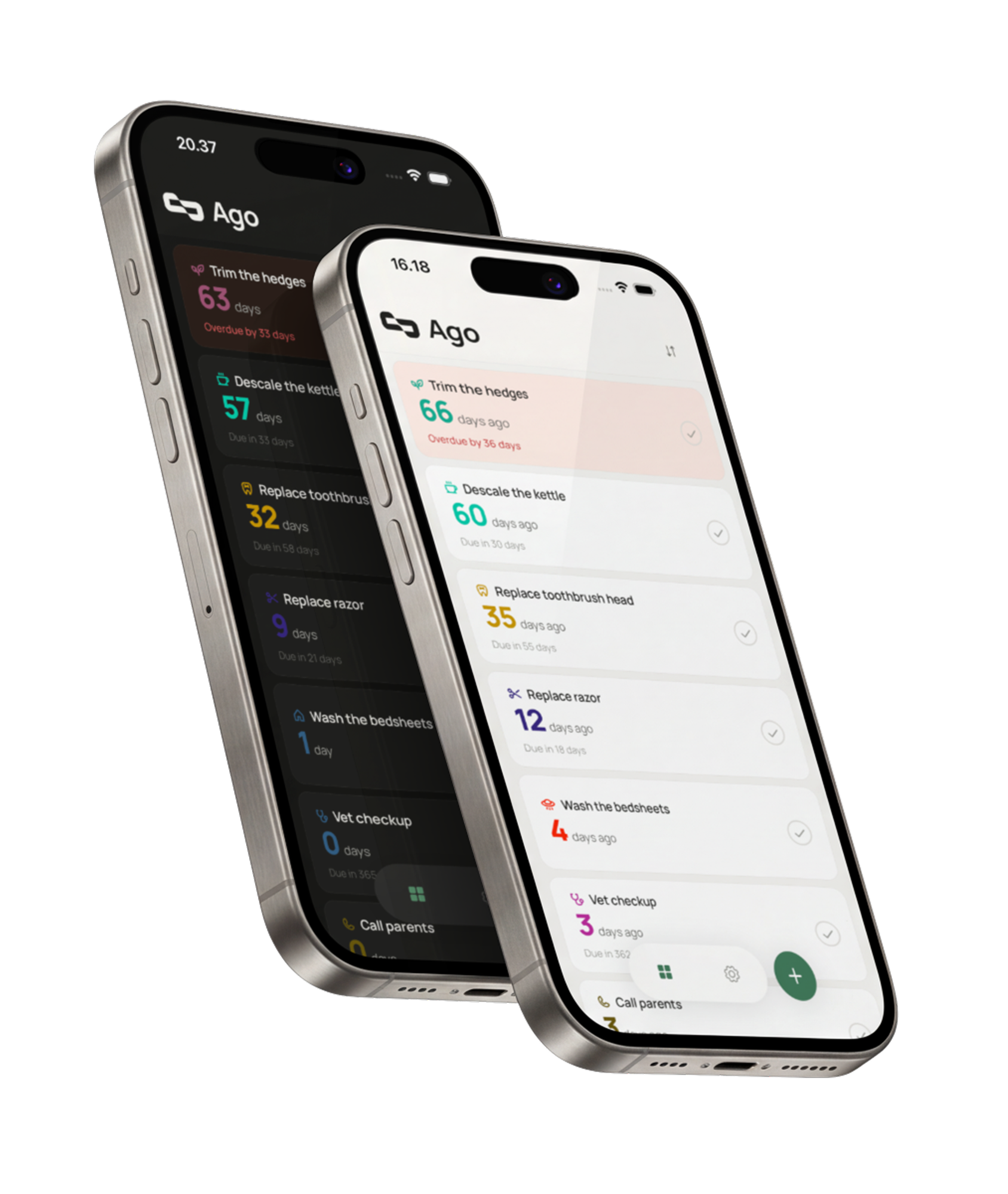 Ago app home screens in light and dark mode, showing tracked items with elapsed time