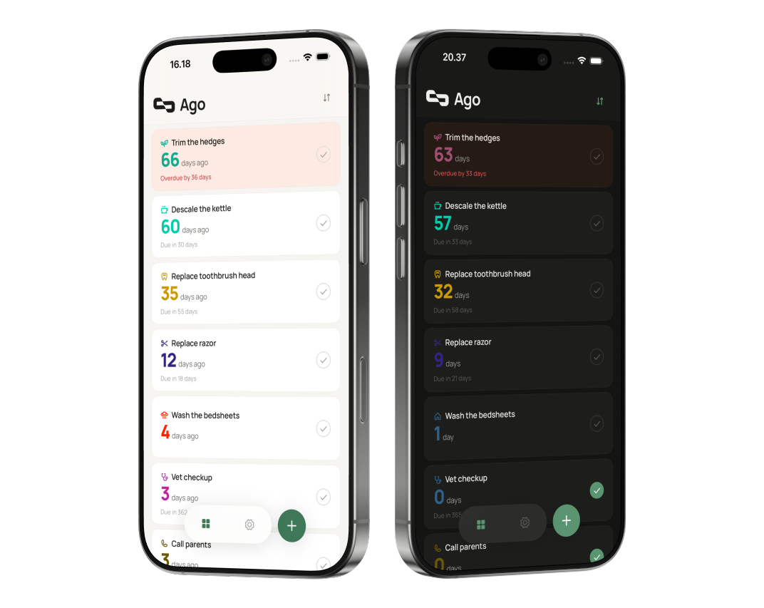 Ago app - home screen showing tracked items with elapsed time