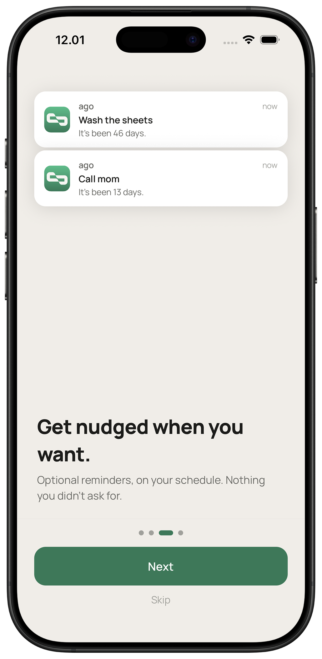 Slide 3 - two iOS notification banners, headline: Get nudged when you want.