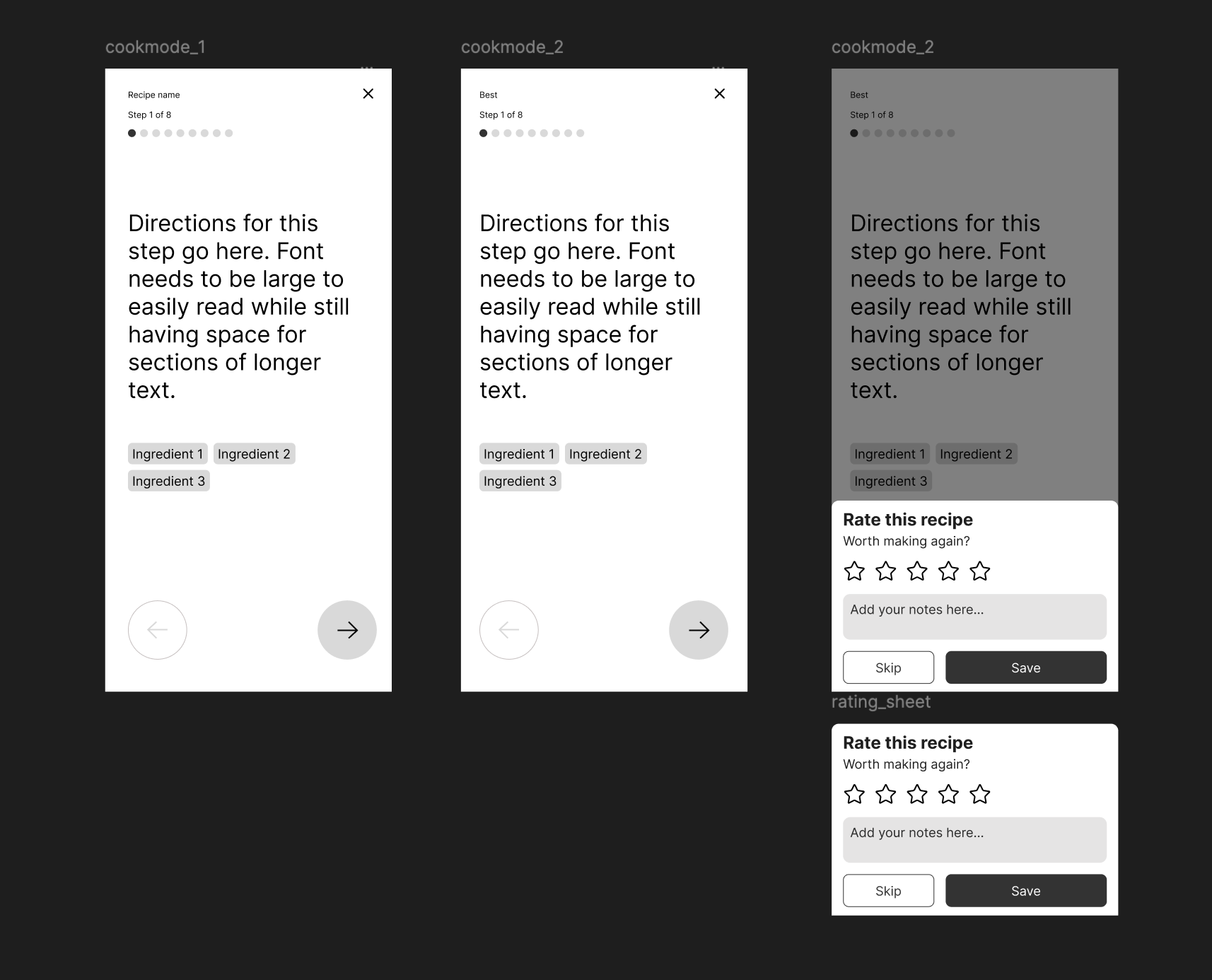 Hand-drawn wireframes for Recipe Fox Cook Mode, exploring one-step-at-a-time layouts