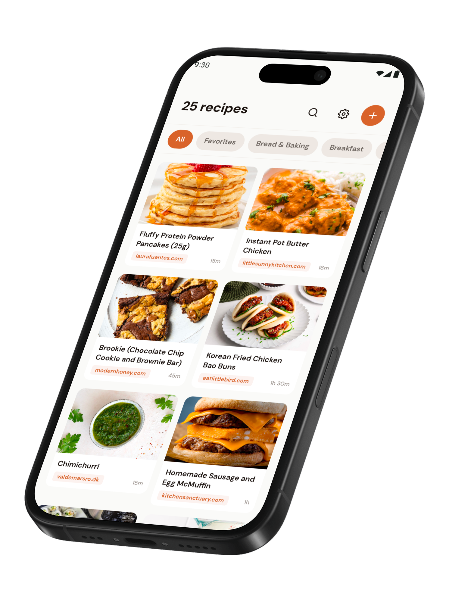 Recipe Fox app showing a saved recipe list imported from social media