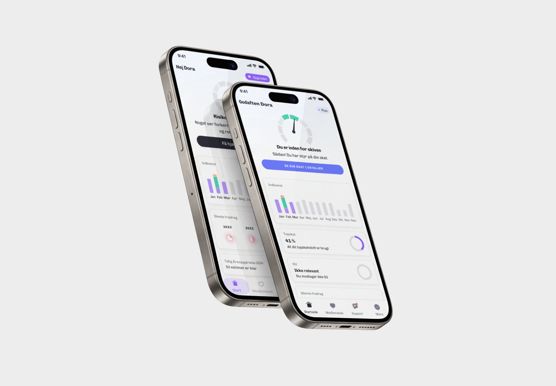 Two iPhones showing the redesigned Skatteguiden home screen: a clear tax meter and a single call to action at the top of each