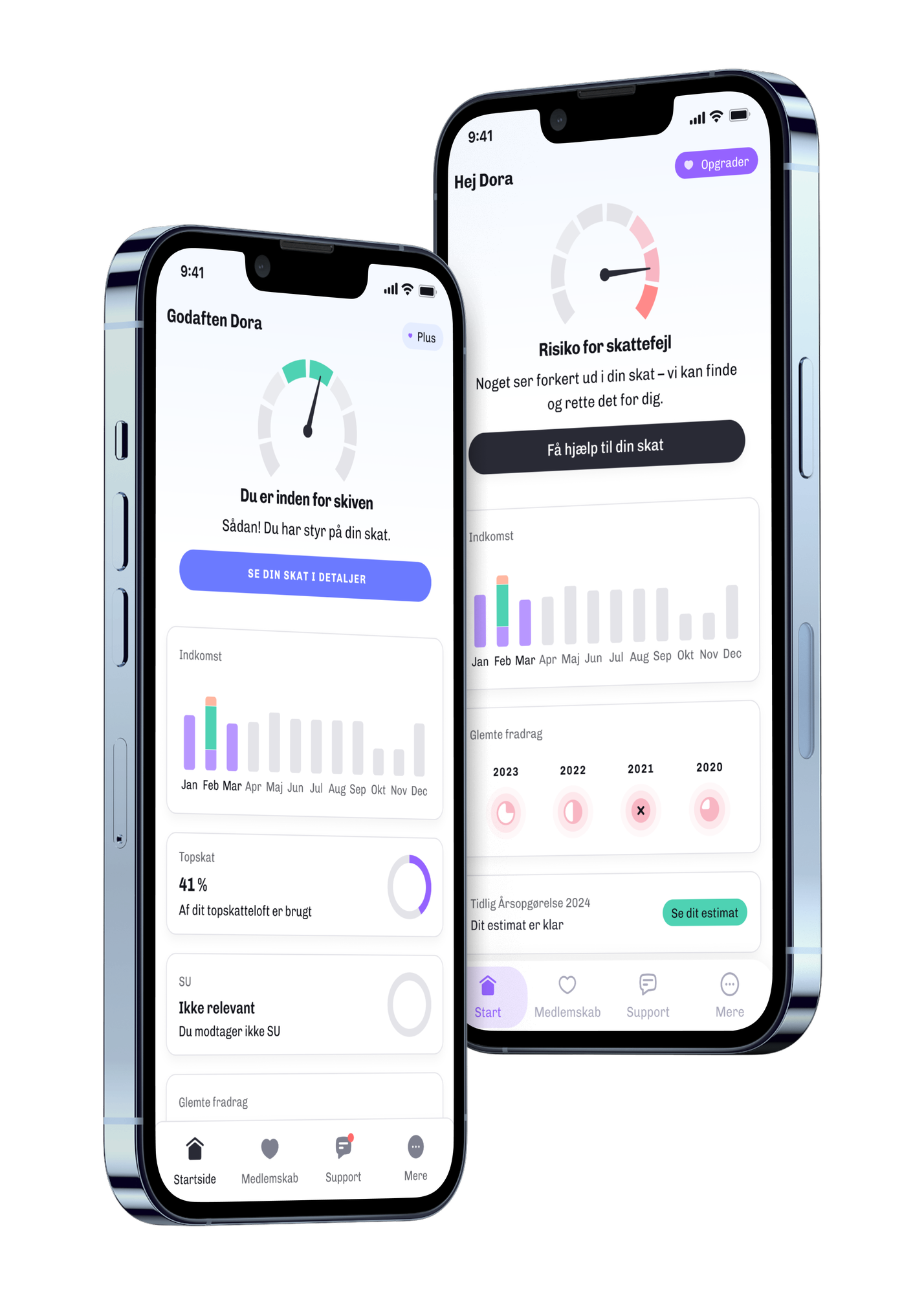 Two iPhones showing the redesigned Skatteguiden home screen: a clear tax meter and a single call to action