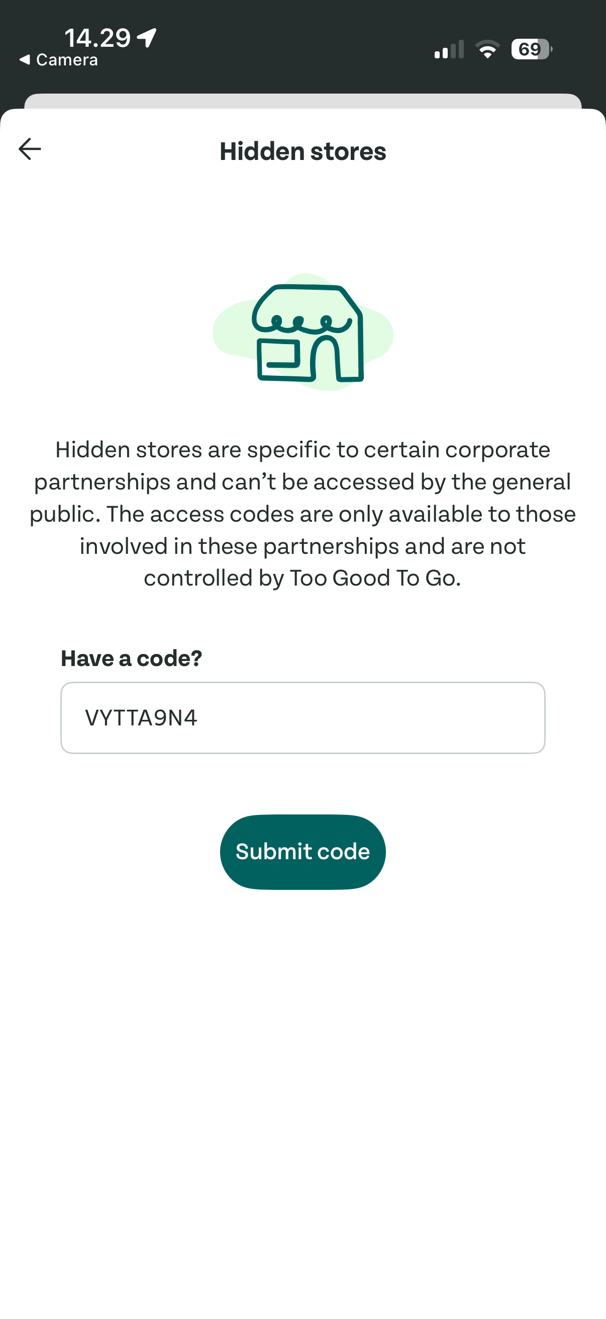 Hidden stores code entry screen with explainer text