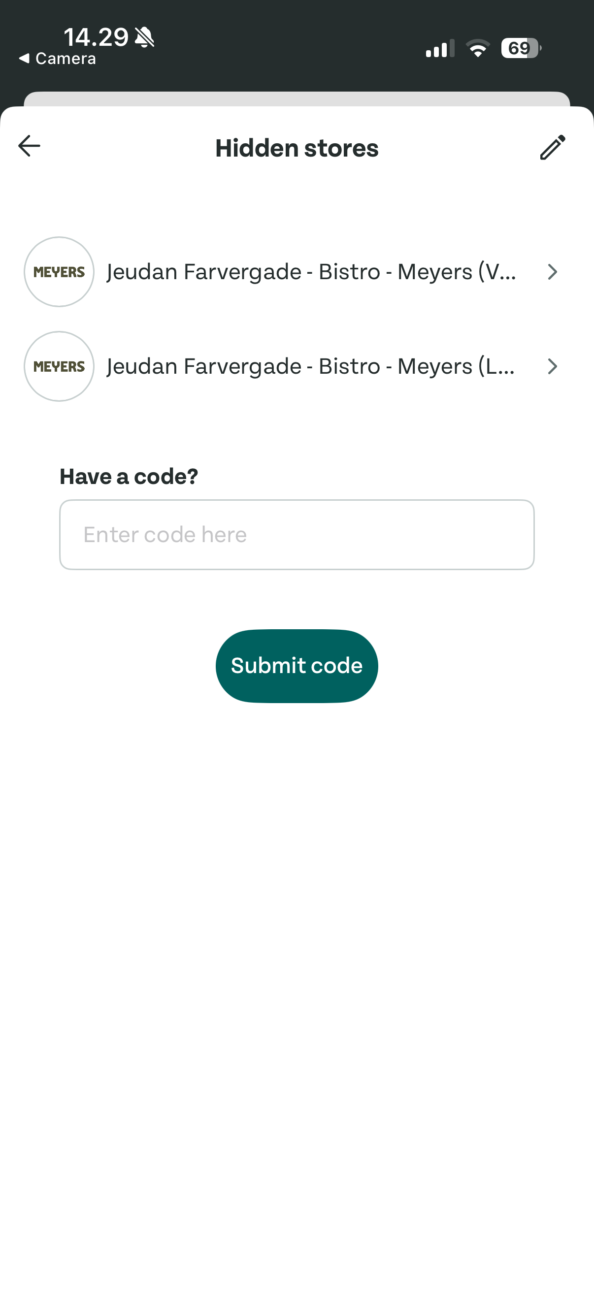 Hidden stores list showing unlocked Meyers canteen locations