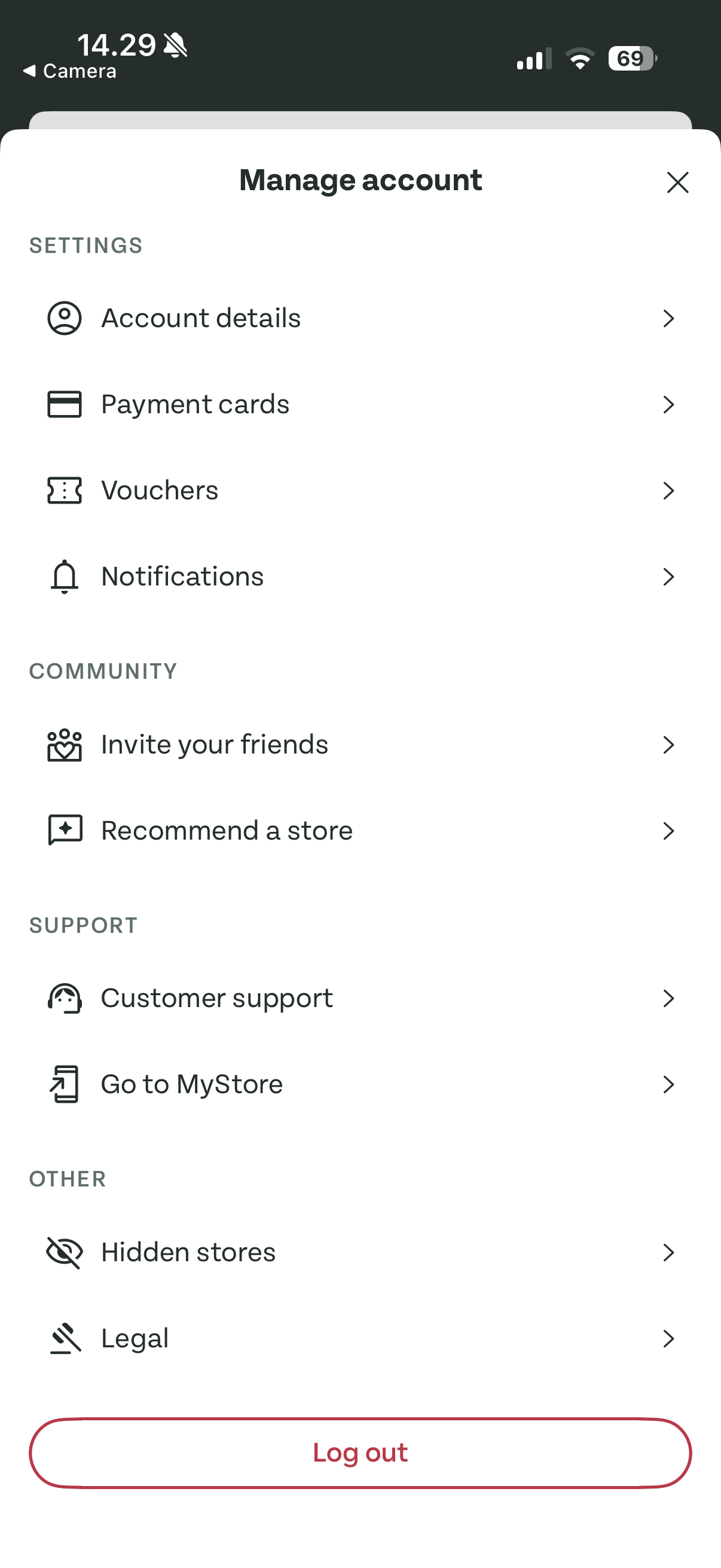 Hidden stores entry in the Manage account menu under OTHER